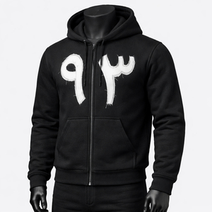 Arabic Numeral Graphic Zip Hoodie <b>Black</b> Cotton Polyester <b>Fleece</b> Split Chest Print Sweatshirt <b>Men</b> - Product Image 1