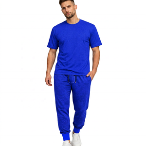 Conjunto Deportivo de Algodón Azul para Hombre, Camiseta de Cuello Redondo con Pantalones Deportivos con Cordón, Ropa Casual de Otoño, Color Sólido, Largo Completo, Corte Regular - Product Image 2