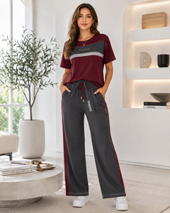 Ensemble de survêtement décontracté pour femme FAWKES, couleur noire, haut à manches courtes avec blocs de couleur, pantalon à fermeture éclair avec poches latérales, coupe régulière, hiver, 100% coton - Product Image 3