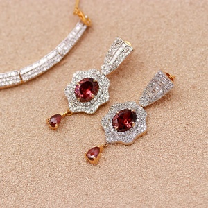 Rhodolite CZ Oval Necklace Set Diamond Look 22K Gold Plated Brass Elegant Bridal Jewelry Adjustable Chain - Product Image 2