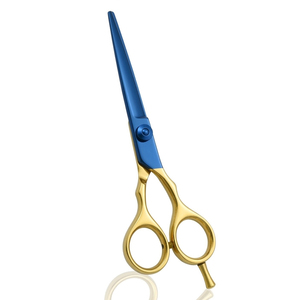 Ciseaux de coiffure réutilisables en acier inoxydable à lame bleue et manche doré avec logo personnalisé, pointe affûtée, durables, pour la coupe de cheveux et le soin de la barbe - Product Image 1