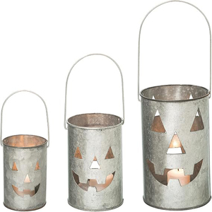 Set of 3 Rustic Galvanized Metal <b>Lantern</b> Pumpkin Decorative Halloween Votive Candle Holder <b>Lanterns</b> Indoor Outdoor Decoration - Product Image 1