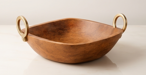Ensaladera Cuadrada Geométrica de Madera Teñida en Nogal Oscuro con Asa Vertical de Latón y Plato para Servir - Product Image 2