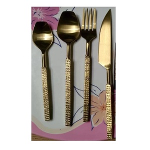 New Arrival <b>Gold</b>-Toned Mirror Polish Hammered Handle Stainless Steel <b>Cutlery</b> <b>Set</b> Dinnerware Kitchenware Use Wedding Party Decor - Product Image 1