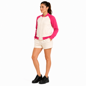 Women's 2 Piece Shorts <b>Set</b> Contrast Raglan Sleeve Bomber Jacket Solid Color Casual Winter Knitted Polyester/Cotton High Street - Product Image 5