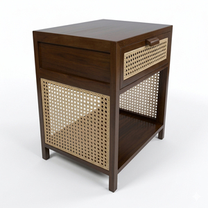 Teak Scandinavian Elegant Contemporary Bestseller Liem Square Bedside <b>Table</b> Rattan Drawer Shelves <b>Walnut</b> Finish Hotel Bedroom - Product Image 2