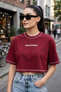 Oneten Apparels T-shirt décontracté pour femme, couleur bordeaux, à manches courtes, col rond, écologique - Product Image 5