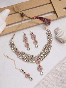 Vintage Gold Plated Necklace Earrings Set With Pink Crystal Rhinestones For Women Wedding Party Fashion Jewelry - Product Image 5