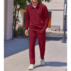 Ensemble de survêtement tricoté rouge pour homme, couleur unie, décontracté, automne, tissu polyester respirant, col montant - Product Image 3