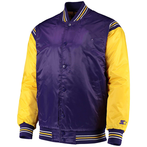 Men's <b>Purple</b> Yellow Color Block <b>Varsity</b> <b>Jacket</b> Stand Collar Covered Button Closure Regular Fit Woolen Fabric Winter Breathable - Product Image 2