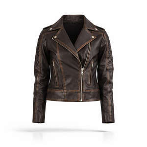Veste de motard en cuir véritable pour femme, coupe ajustée, style vintage, fermeture éclair, imperméable, coupe-vent, écologique, offre ODM - Product Image 1