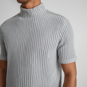 Men’s Knitted Mock Neck T-Shirt Short Sleeve Soft Cotton Blend Fashion Tee with OEM ODM Customization - Product Image 2