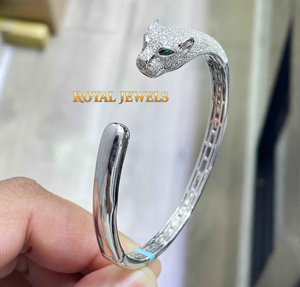 925 Sterling <b>Silver</b> Panther Head Bangle Diamond Shape Round Brilliant Cut Channel Setting Open <b>Cuff</b> <b>Bracelet</b> for Women - Product Image 1