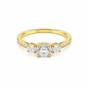 Bague de fiançailles à trois pierres en moissanite, diamant taille ronde, plaqué or jaune 14 carats, pour demande en mariage et mariage - Product Image 1
