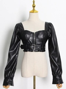 Top Corto Sexy de Piel Sintética Negra para Mujer, Cuello Cuadrado, Manga Larga, Espalda Descubierta, Chaqueta Corta con Cremallera - Product Image 1