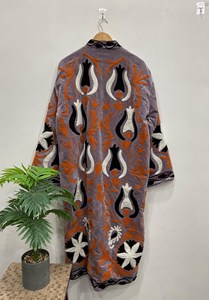 Veste longue en velours brodé lavande pour femmes avec motif floral, col montant bohème, manches longues, vêtements d'extérieur d'hiver - Product Image 4