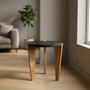 Modern Mango Wood <b>Side</b> <b>Table</b> Round Black Top Handmade Accent Furniture For Living Room Bedroom <b>Sofa</b> Corner Home Interior - Product Image 5