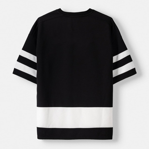 Men's Oversized Black V-Neck T-Shirt With <b>White</b> Stripes And Front Logo Print Short Sleeve Sporty Style Knitted Polyester - Product Image 2