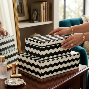 Decorative Black and White Bone Inlay <b>Box</b> | Handmade Zig Zag Storage Organizer Case for Jewelry <b>Keepsakes</b> Home Table Decor Gift - Product Image 2