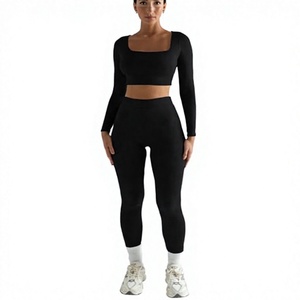 Women's Black 2 Piece Seamless Yoga <b>Set</b> <b>Square</b> Neck Crop Top Full Length Leggings High Waist Four-Way Stretch Activewear - Product Image 4