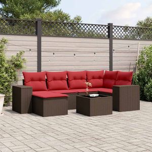 Set di divani da giardino in polyrattan marrone da 7 pezzi con cuscini, mobili da giardino - Product Image 1