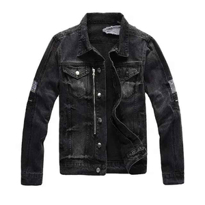 Chaqueta de mezclilla casual para hombre, corte regular, con cremalleras y detalles desgastados, estilo otoñal - Product Image 1