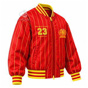 เสื้อแจ็คเก็ตวาร์ซิตี้ผ้าซาตินลายทางสีแดงทองสำหรับผู้หญิง NSPDK ปักลายตัวอักษรกรีก ซิปแบบรูดขึ้น คอเสื้อและปลายแขนเสื้อถักแบบริบ - Product Image 2