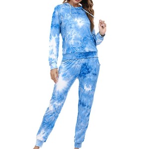 Ensemble de survêtement à capuche tie-dye pour femme, manches longues, décontracté, avec pantalon de jogging, dégradé bleu et blanc, taille élastique, poches latérales, coupe régulière - Product Image 3