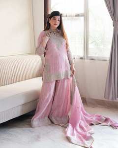 ชุดสูท pakistani sharara ของอิสลามสำหรับผู้หญิงมุสลิมเย็บสั้น kameez และปัก dupatta สำหรับสวมใส่ Eid - Product Image 1