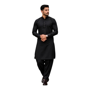 Men <b>Black</b> Cotton Kurta <b>Pajama</b> <b>Set</b> Traditional Indian Pakistani Casual Wear Ankle-Length Regular Fit All Seasons - Product Image 1