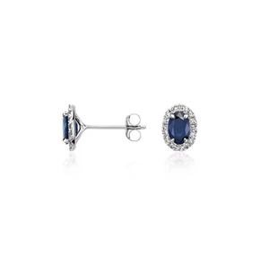 14K Gold Oval <b>Blue</b> Sapphire Halo Diamond (Natural) <b>Stud</b> <b>Earrings</b> For Party Wear, Evening Events and Special Occasions - Product Image 4