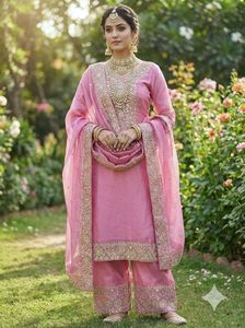 Elegante traje de seda cosido a mano con bordados elaborados y pedrería para ocasiones de boda, ropa tradicional para mujer. - Product Image 3