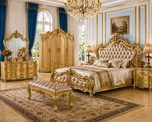 Ensemble de lit de luxe en teck sculpté avec visage de lion, mobilier de chambre à coucher haut de gamme blanc pour appartement avec tables de chevet - Product Image 6
