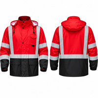 Veste imperméable réfléchissante rouge pour homme avec capuche, manches longues, fermeture à boutons, coupe classique, vêtements de travail pour adultes, vêtements d'extérieur haute visibilité
