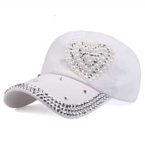 Heart Pattern <b>Baseball</b> <b>Cap</b> with Pearl and Rhinestone Embroidery for Women Fashion Casual Spring Summer Wear - Product Image 2