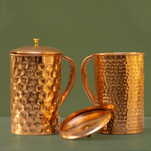 Copper serving jug with lid and matching <b>glasses</b> metal drinkware for water juice serving durable reusable kitchen dining - Product Image 2
