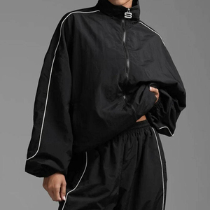 Ensemble de survêtement coupe-vent décontracté noir pour homme, avec fermeture éclair intégrale, col montant, respirant, coupe-vent, léger, coupe régulière, 100 % coton - Product Image 2