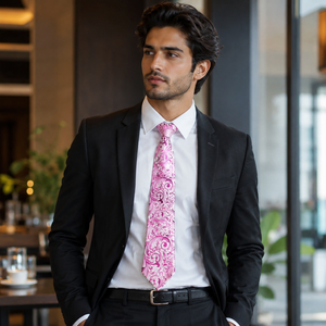 Corbata de Seda con Diseño Floral Paisley Rosa para Hombre |   Corbata de Diseño de Lujo |   Elegante Corbata Formal para Bodas, Fiestas y Negocios, Regalo para Caballeros - Product Image 1