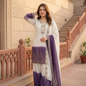 Ensemble palazzo brodé en georgette bicolore pour femme avec dupatta |   Costume ethnique de créateur richement orné de broderies - Product Image 1
