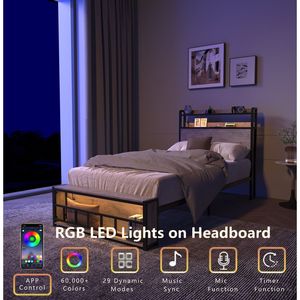 Solid Stable <b>Twin</b> <b>Bed</b> <b>Frames</b> with LED Headboard Charging Station Noise-Free No Box Spring Needed for Bedroom - Product Image 2