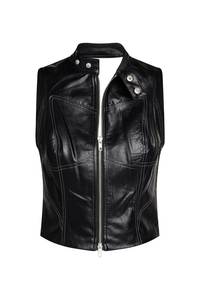 FAZMAX <b>Men's</b> Black Genuine Leather High Street Breathable Moto <b>Vest</b> V-neck Regular Length Solid Color Outerwear - Product Image 4