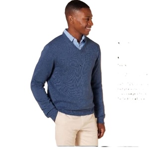 Pull à col en V pour homme, 100% coton, 12G, manches longues, couleur unie, avec lavage au silicone, vêtements d'automne, fournisseur du Bangladesh. - Product Image 6