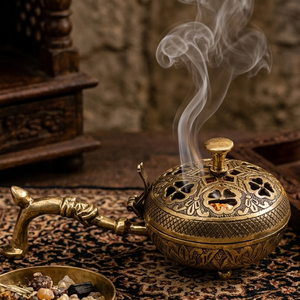 Brûleur d'encens en laiton fait main avec couvercle en treillis et poignée pour usage religieux, fournisseur indien - Product Image 2