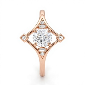 Anillos de Moda Art Deco con Diamantes Cultivados en Laboratorio, Anillo de Compromiso Único con Halo Geométrico de Diamantes Redondos en Oro Rosa Sólido de 14K - Product Image 1