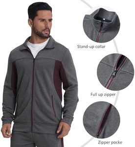 Men Tracksuit Gray Full <b>Zip</b> Stand Collar Color Blocking Side Pockets Polyester Cotton Casual Autumn Wear men tracksuit for sale - Product Image 3