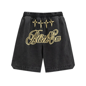 Shorts en coton brodé noir pour homme, taille mi-haute, style décontracté, taille élastique, aspect denim, respirant, tendance - Product Image 1