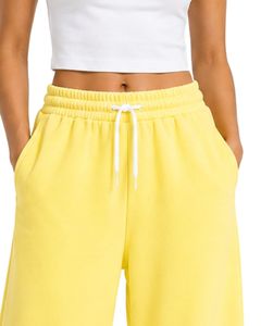 Custom Yellow Women Wide Leg Sweatpants High Waist Loose Fit Casual Streetwear Lounge Fleece <b>Trousers</b> With <b>Drawstring</b> Pockets - Product Image 5