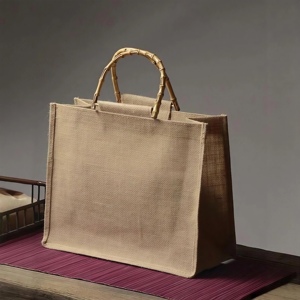 Laminated Jute Tote <b>Bag</b> Letter Pattern Zipper Closure <b>Medium</b> <b>Size</b> Waterproof Interior Eco-Friendly Reusable Non Woven Handle - Product Image 1
