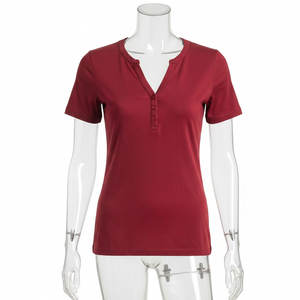 Camiseta Informal de Manga Corta con Botones para Mujer, Tejido de Algodón Suave, Corte Regular, Cuello Redondo, Ligera, para Gimnasio y Entrenamiento - Product Image 1