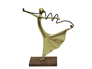 Estatua Moderna de Bailarina Abstracta con Cintas Doradas en Aluminio - Escultura Contemporánea de Gimnasta en Metal sobre Elegante Base de Madera para Decoración del Hogar - Product Image 2